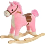 Pink Rocking Horse Plush Ride On Seat Toy Wooden Base Wagging Tail Sound Rocker