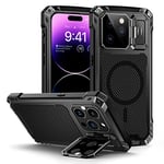 Lanhiem Coque pour iPhone 14 Pro Max, Métal et Rigide [Protection Caméra & Supports] Antichoc Militaire avec du Verre trempé Integrale Indestructible Chantier Etui [Compatible Charge sans Fil] - Noir