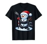 Cartoon Ice Hockey Puck Snowman with Santa Hat Christmas T-Shirt