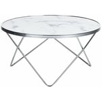 Table Basse Ronde avec Plateau en Verre Imitation Marbre Blanc et Structure en Métal Argenté pour Salon Moderne et Glamour Beliani