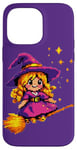 Coque pour iPhone 14 Pro Max Pixelated Petite sorcière violette sur un balai pour enfants