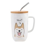 lachineuse - Mug Chien Collection DOG - Happy Dog - Tasse en Porcelaine - 600 ML - Avec Couvercle, Paille et Cuillère - Café, Thé, Chocolat Chaud - Idée Cadeau Originale