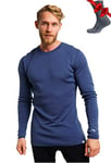 Chemise Homme Manches Longues en Laine Mérinos 100% - Chaud Merino Haut Thermique Homme + Chaussettes de randonnée en Laine mérinos (XX-Large, 250 Windsor Blue)