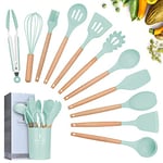 Silicone Cooking Utensils Kitchen Utensil Set, 12 Pieces Natural Wooden Handles Cooking Tool BPA Free Non Toxic Silicone Turner Tongs Spatula Spoon Kitchen Gadgets Utensil Set (Light Green)