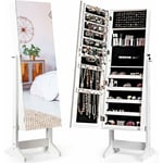 Armoire à Bijoux sur Pied, avec Miroir Inclinable, Serrure, Doublure et Divers Espaces de Rangement, 41x36,5x146cm Blanc - Costway