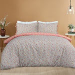 Sleepdown Ditsy Flowers Orange White Reverse Soft Easy Care Duvet Cover Quilt Bedding Set Pillowcase with Ties - Double (200cm x 200cm)