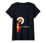 Womens I'm Watching You Funny Peeking Jesus Christ V-Neck T-Shirt