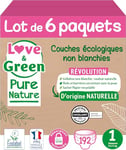 Love & Green Pure Nature Pack de Lot de 6 (32 chacun = 192) Couches écologiques non blanchies T1 x 32 (2-5 kg)