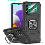 LeYi for Samsung Galaxy A33 Phone Case and 2 Tempered Glass Screen Protector + 2 Camera Lens Protector, Ring Holder Shockproof Military Grade Protective Mobile Phone Cover for Samsung A33 Black