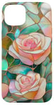 Coque pour iPhone 15 Plus Coque Téléphone Roses Faux Vitrail Élégante