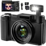 Appareil Photo numérique 4K 48MP Vlogging pour Youtube Zoom numérique 16x avec Fonction Macro et Flash relevable, Appareil Photo Compact pour Photographie écran Rabattable de 7,6 cm à 180°, Carte TF