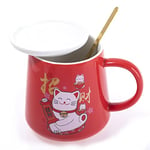 lachineuse - Tasse Chat Maneki Neko 250ml - Mug Rouge en Porcelaine avec Couvercle & Cuillère - Mug Japonais Original à Thé & Café - Chat Japonais Kawaii Lucky Cat - Idée Cadeau Japon Asie