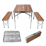 Table pliante valise 900 x 660 x 700 mm, et deux bancs, en alumium et mdf, pliable de camping légère pour extérieur, bbq, fêtes, barbecue,