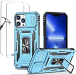 Antichoc Coque Para Iphone 13 Pro 6.1',Tpu+Pc Housse Protection De Qualité Militaire Avec Lentille Coulissante Couverture/2* Verre Trempé,Compatible Support De Voiture Magnétique-Bleu