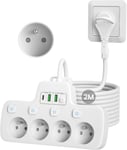 Multiprise Extra Plate,Prise Multiple 4 Prises Française Terre 16A 2P+T, Multiprise Electrique Murale Avec Interrupteur Individuel,Chargeur Usb Prise Plate Derriere Meuble Rallonge Cable 2M,Blanc