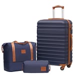 COOLIFE Set de Valises-Voyage Valise ABS avec Cadenas TSA Poignée télescopiq,1 Bagage Cabine Extensibles et 1 Portable Trousse de Maquillage (Abricot/Bleu Marine, Set de 3 Valises (24"))