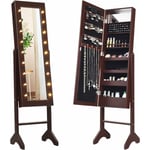 Armoire a Bijoux sur Pied,Rangemen avec Miroir Plein Longueur & Lumieres led sur le Miroir, Autoportante Verrouillable avec Crochet de Collier , avec