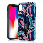 Mipcase 3D Embossed Flower Painted Phone Case for Apple iPhone XR, Anti-scratch Fully Protective Phone Cover Hard Case with Ring Strap and Kickstand - Pink Green Blue Banana Leaf