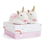 Doudou et Compagnie - Chaussons Bébé Doudou Licorne - Lucie La Licorne - Cadeau Naissance Bébé Fille - Chaussons Doux avec hochet pour Bébé Fille - Taille 0-6 mois Mois - Blanc - DC3311