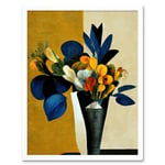 Blue Mustard Ochre Orange Autumnal Abstract Bouquet Flowers Painting Art Print Framed Poster Wall Decor 12x16 inch