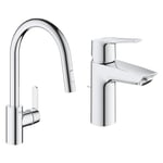 GROHE Robinet de cuisine évier Get, Robinet avec douchette extractible, Bec en forme & QUICKFIX Start Robinet de salle de bains lavabo, mousseur économie d'eau, avec tirette de vidage, bonde incluse