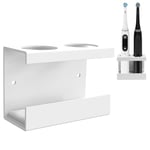 Linkidea Wall Mount Electric Toothbrush Holder for Bathroom, 2 Slots Aluminum Alloy Power Toothbrush Hanger, Self Adhesive Wallmount Tooth Brush Organizer Compatible with Oral-B iO Series (White)