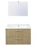 ONDÉE, Meuble de salle de bain à suspendre collection SMART- Plan céramique, Tiroirs ouverture partielle, Livré monté, Fabriqué en Europe, Largeur 80cm, Bois- Miroir + spot LED