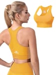 CLDFHX Sports Bras Women Seamless Padded Without Underwire High/Mid Impact Support Racerback Sport Bra for Workout Yoga Gym, Yellow, M