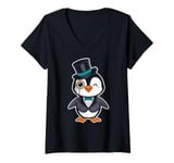 Womens Cute Penguin With Top Hat And Monocle V-Neck T-Shirt