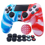 Water Transfer Printing Silicone Skin For PS4 RALAN ,PS4 Silicone Skin Controller For PS4 Slim/PS4 Pro Controller (Black Pro Thumb Grip x 8 ,Cat + Skull Cap Cover Grip x 2) (White Red&Blue)