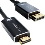 KabelDirekt – Câble adaptateur DisplayPort 1.4 à HDMI 2.1 8K/4K avec des connecteurs métalliques indestructibles – 1,8m (transmet 8K/60Hz d'un ordinateur portable/PC DP à un moniteur/téléviseur HDMI)