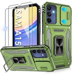 Jshru for Samsung A15 Phone Case with Screen Protector [2 Pack] and Slide Camera Cover,Galaxy A15 Shockproof Protection Case,Ring Kickstand Phone Cover for Samsung Galaxy A15,Olive Green