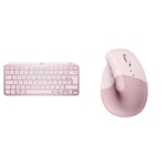 Logitech MX Keys Mini Minimaliste Clavier sans Fil Illuminé, Compact, Bluetooth, Rétroéclairé, USB-C + Lift Souris Ergonomique Verticale, sans Fil, Bluetooth ou récepteur USB Logi Bolt, Mac, PC, Rose