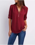 Women Shirts Summer Autumn Casual V-Neck Chiffon Blouse Women Top Camisa Feminina Long Sleeve Black White Ladies Blouses Shirt-Burgundy_M