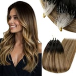 RUNATURE Extension Cheveux Micro Ring Lisse Cheveux Naturel a Froid Noir Brun Fonce Ombre Caramel Blond Micro Ring Extensions Blond Micro Loop Hair Extension 12 Pouces/30cm #1B/4/27 40 Mèches/40g