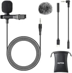 AGPTEK Lavalier Microphone, Clip-on Lapel Omnidirectional Condenser Mic with Wind Muff Type C 3.5mm Jack for Phone PC Laptop DSLR Camera Recording Interview, Podcast, Voice Dictation