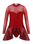 Kaerm Robe Danse Enfant Fille Justaucorps Danse Classique Gymnastique Tenue Patineuse Costume Patinage à Strass Manche Longue 5-14 Ans Bordeaux 13-14 Ans