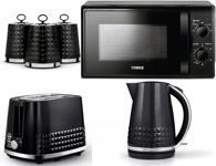 Tower Solitaire Black Kettle, Toaster & 20L T24034BLK  Microwave Canister set