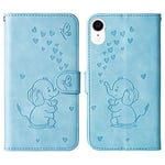 Tiyoo Embossed Love Heart Phone case for iphone XR Elephant Butterfly Pattern Folding Stand PU Leather Wallet Flip Cover Protective Case with Card Slots, Magnetic Closure (Blue)