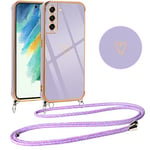 Vauki Coque pour Samsung Galaxy S21 FE 5G avec Cordon de Collier, Galvanisé Etui Housse avec Motif Coeur d'amour, Antichoc Anti-Rayures Case avec Bandoulière pour Samsung S21 FE 5G 6.4", Violet