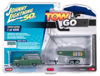 JOHNNY LIGHTNING - 1/64 TOW AND GO FORD PANEL W/SMALL TRAVEL TRAILER GREEN