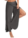 AAP Pantalon de yoga fendu large pour femme, style hippie, décontracté, ample, ample, pour la plage, le salon, le pilates, gris foncé, taille M