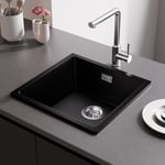 CECIPA Evier Noir Granit 45*44*20cm, Evier Cuisine 1 Bac, Évier de Cuisine Moderne, Évier de Granit Rectangulaire, Cuve Simple avec Trop-Plein et Vidange Rapide, Petit Evier Granit, Lavabo Cuisine