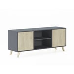 Meuble tv 140 avec 2 portes, salon, modèle wind, couleur structure Puccini, portes couleur Gris Anthracite, mesure 140x40x57cm de haut. - Skraut Home