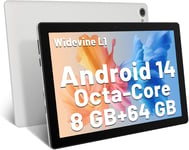 Tablette 10 Pouces Android 14 Octa-Core 8 Go RAM 64 Go ROM 1 to TF Extension 1280x800 IPS Écran Tactile Tablette PC WiFi 6 Bluetooth 5.3 Widevine L1 Double caméra Haut-parleurs 5000mAh (Blanc)