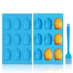 GlasFlength Moule Madeleine Silicone, Lot de 2 Moule a Madeleine 9 Cavités Moule Antiadhésif en Forme de Coquille avec Brosse en Silicone pour Biscuits Chocolat Bonbons Pudding Gâteau (Bleu)