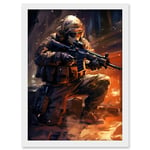 Artery8 Army Warfare Desert Sniper Explosion Flames Oil Painting Soldier Action Scene Artwork Framed Wall Art Print A4