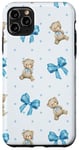 Coque pour iPhone 11 Pro Max Ruban bleu avec motif à pois et ours en peluche mignons