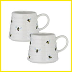 Coffee Mug Barrel Shaped 350ml Cup Ceramic Sweet Bee Tea Hot Beverages Set of 2