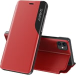 Antichoc Coque Pour Iphone 13 Miniétui Housse En Cuir À Rabat Avec Clear Afficher Fenêtresmart Wakeupfonction Support Mirror Flip Case Coverrouge